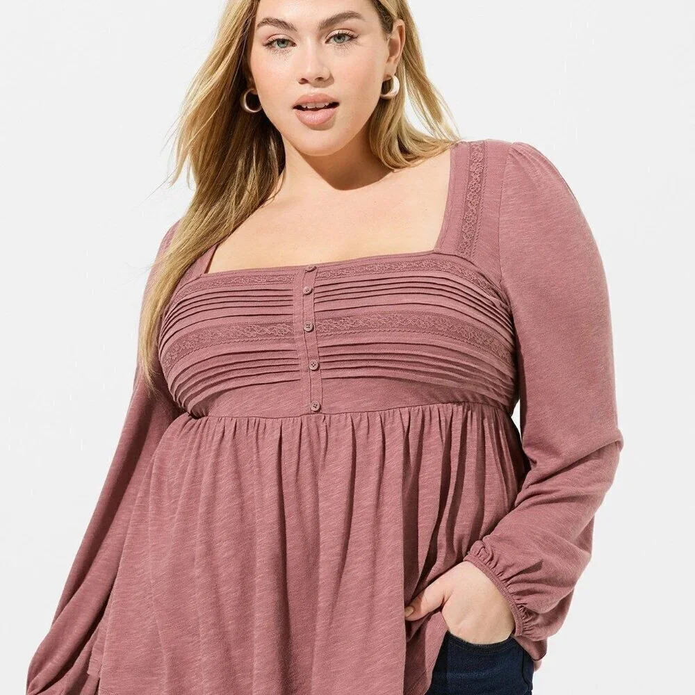 Torrid - Cotton Modal Slub Square Neck Pintuck Top in Rose Taupe - Picture 2 of 14